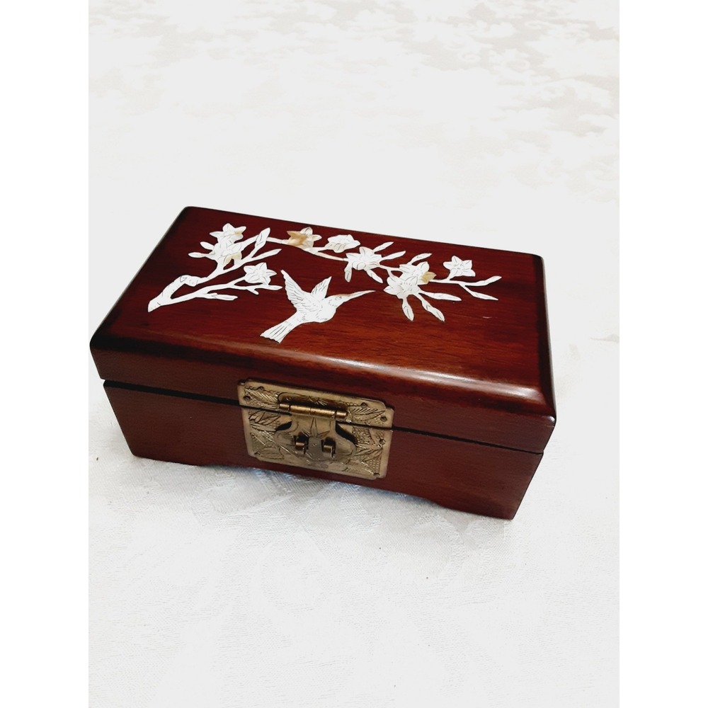 Dynasty Chinese Jewelry Box Genuine Hardwood Mother of Pearl Inlay Brass